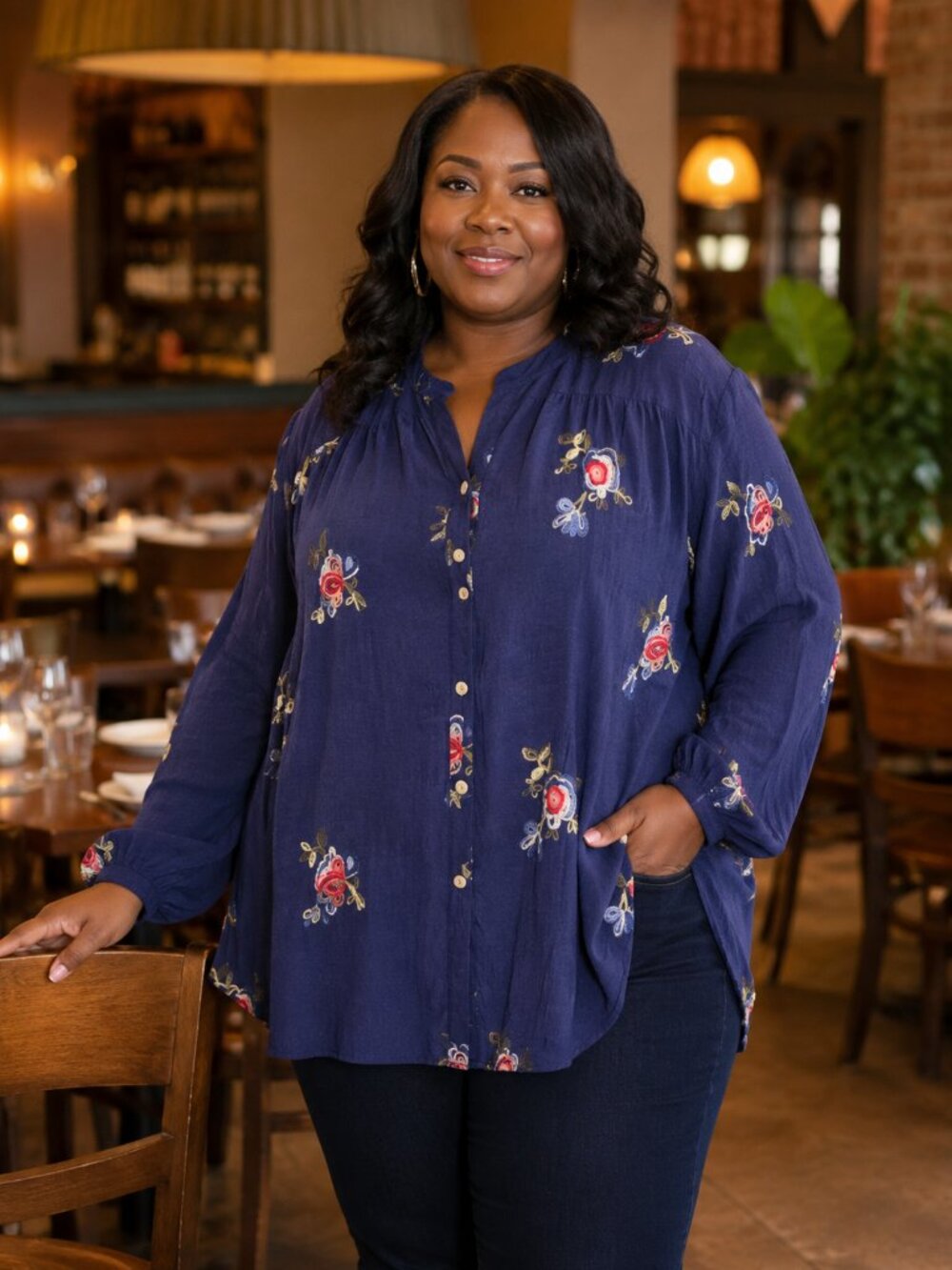 Fig & Flowers Floral Button-Front Blouse — Size XL
